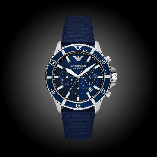 Emporio Armani Diver AR11588 43mm Men's Chronograph Watch – Blue Sunray & Blue Textile Strap