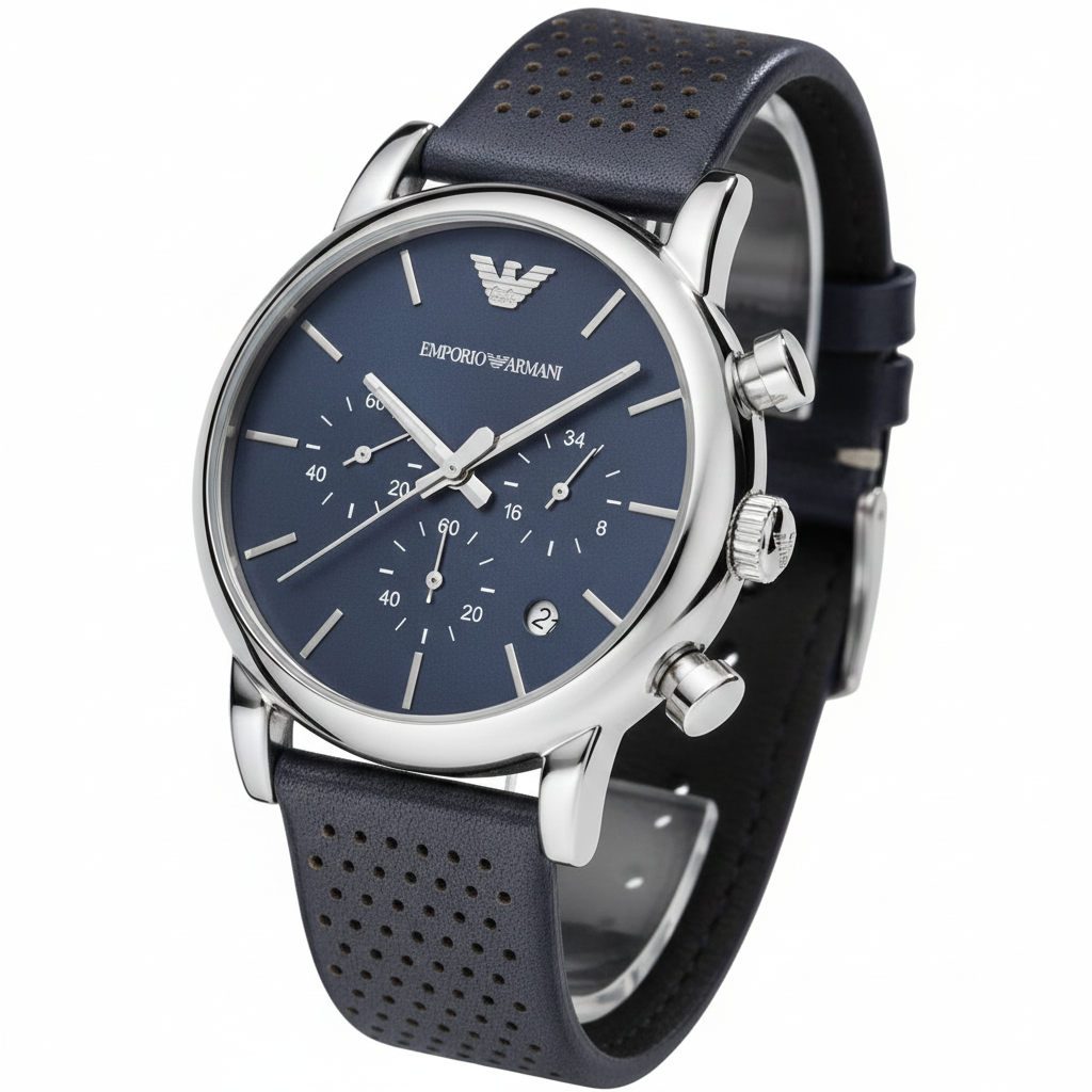 Emporio Armani Luigi AR1736 43mm Men's Chronograph Watch – Blue & Blue Genuine Leather Strap
