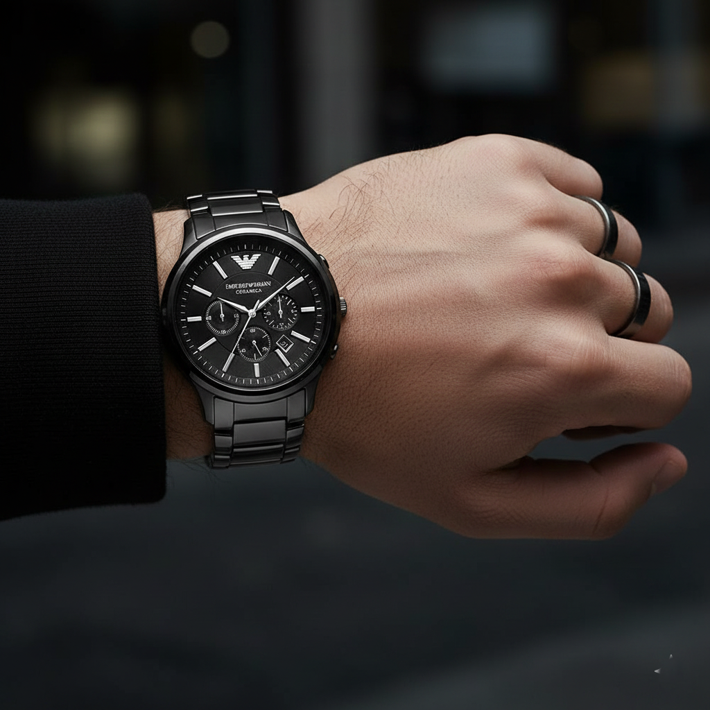 Emporio Armani Ceramica AR1452 43mm Men's Chronograph Watch – Black & Silver-Tone Stainless Steel Bracelet