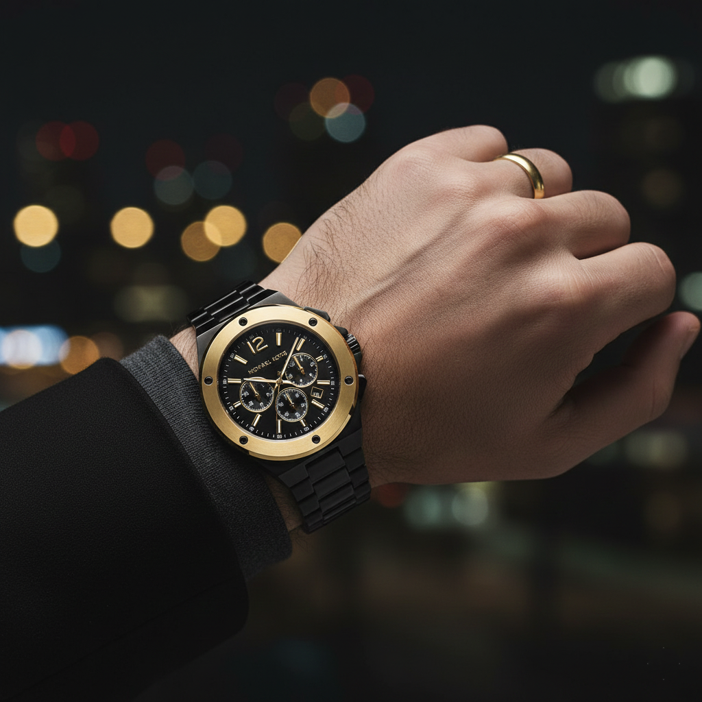 Michael Kors Lennox MK8941 45mm Men's Chronograph Watch – Black & Gold-Tone Stainless Steel Bracelet