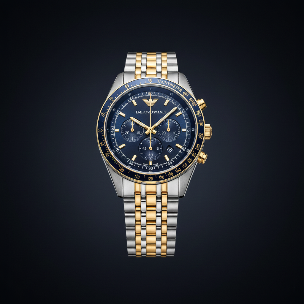 Emporio Armani Tazio AR6088 43mm Men's Chronograph Watch – Blue & Two-Tone Stainless Steel Bracelet