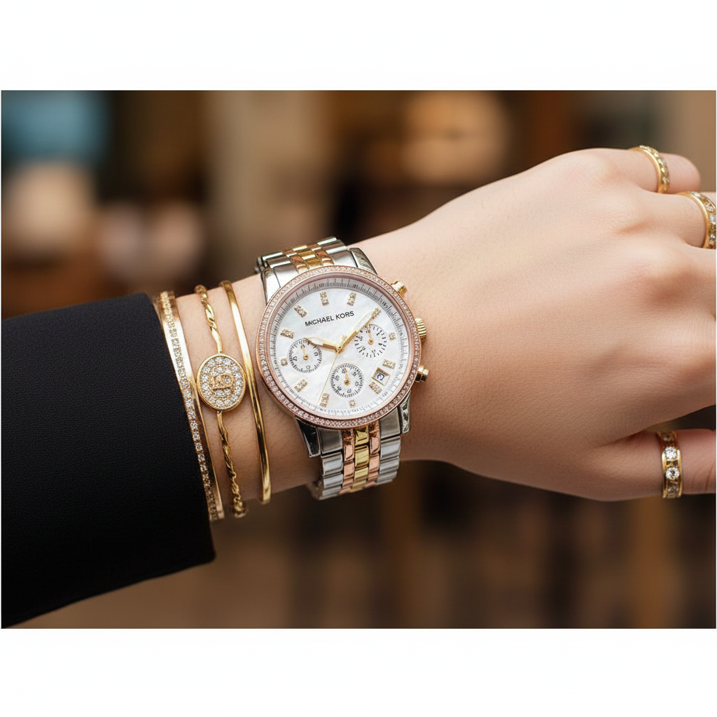 Michael Kors Ritz MK5650 37mm Women's Chronograph Watch – Mother Of Pearl with Two-Tone Stainless Steel Bracelet