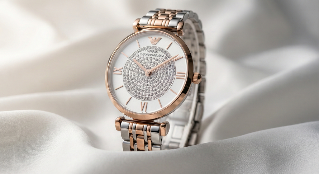 Emporio Armani Gianni T-Bar AR80035 32mm Women's Quartz Watch – White Crystal-Set & Two-Tone Silver and Rose Gold Stainless Steel Bracelet