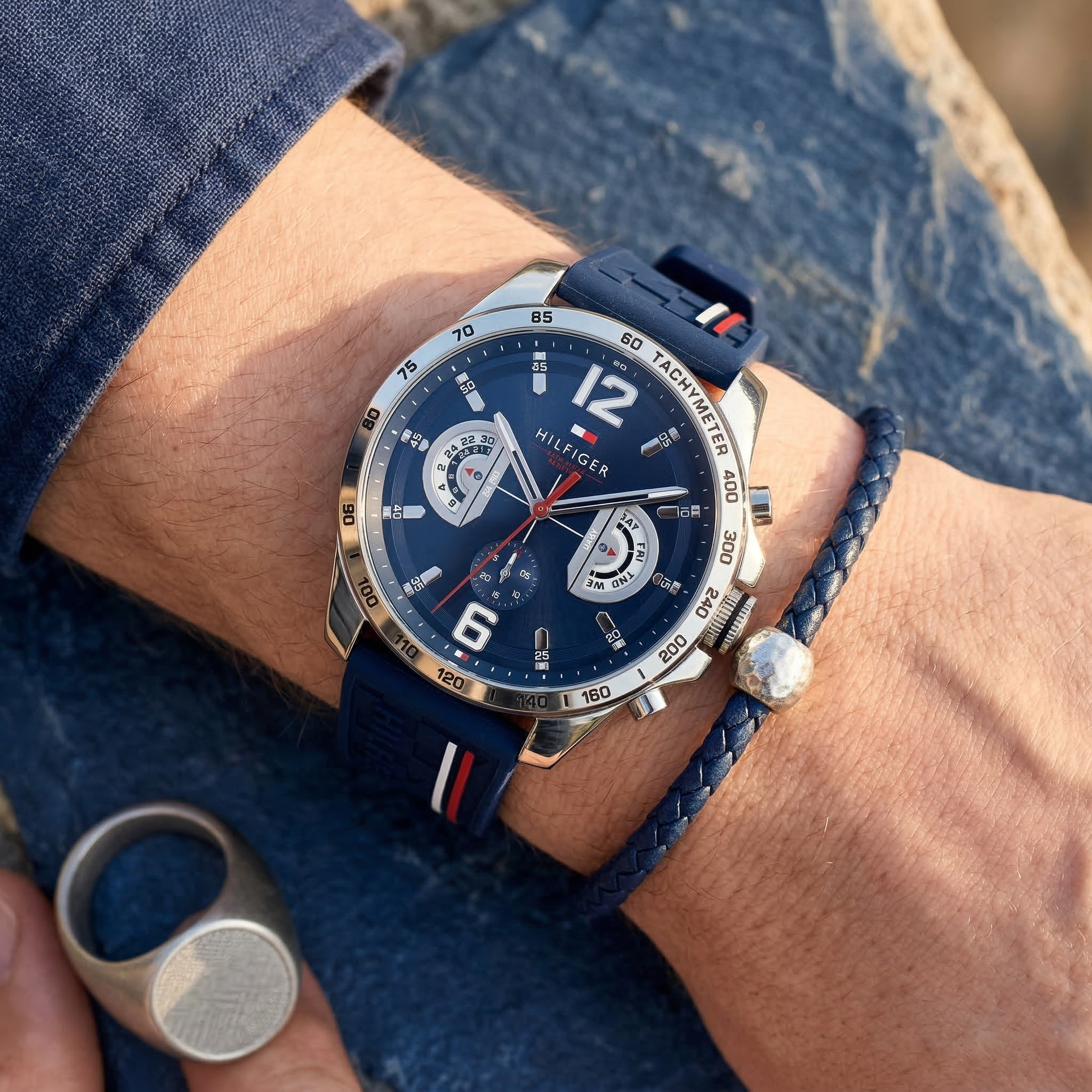 Tommy Hilfiger Decker 1791476 46mm Men's Multi-Function Watch – Blue & Blue Rubber Strap