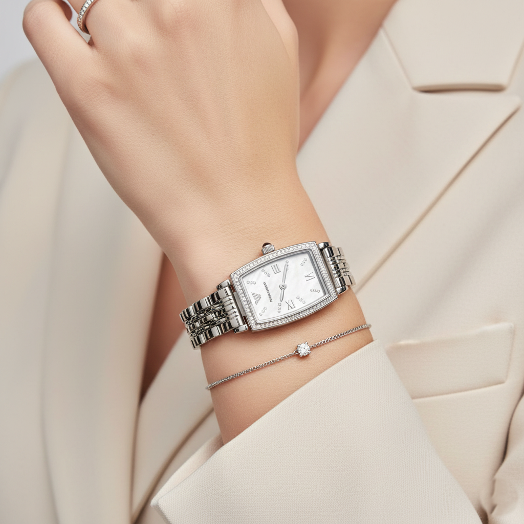 Emporio Armani Gianni T-Bar AR11405 28mm Women's Quartz Watch – Mother-of-Pearl & Silver-Tone Stainless Steel Bracelet