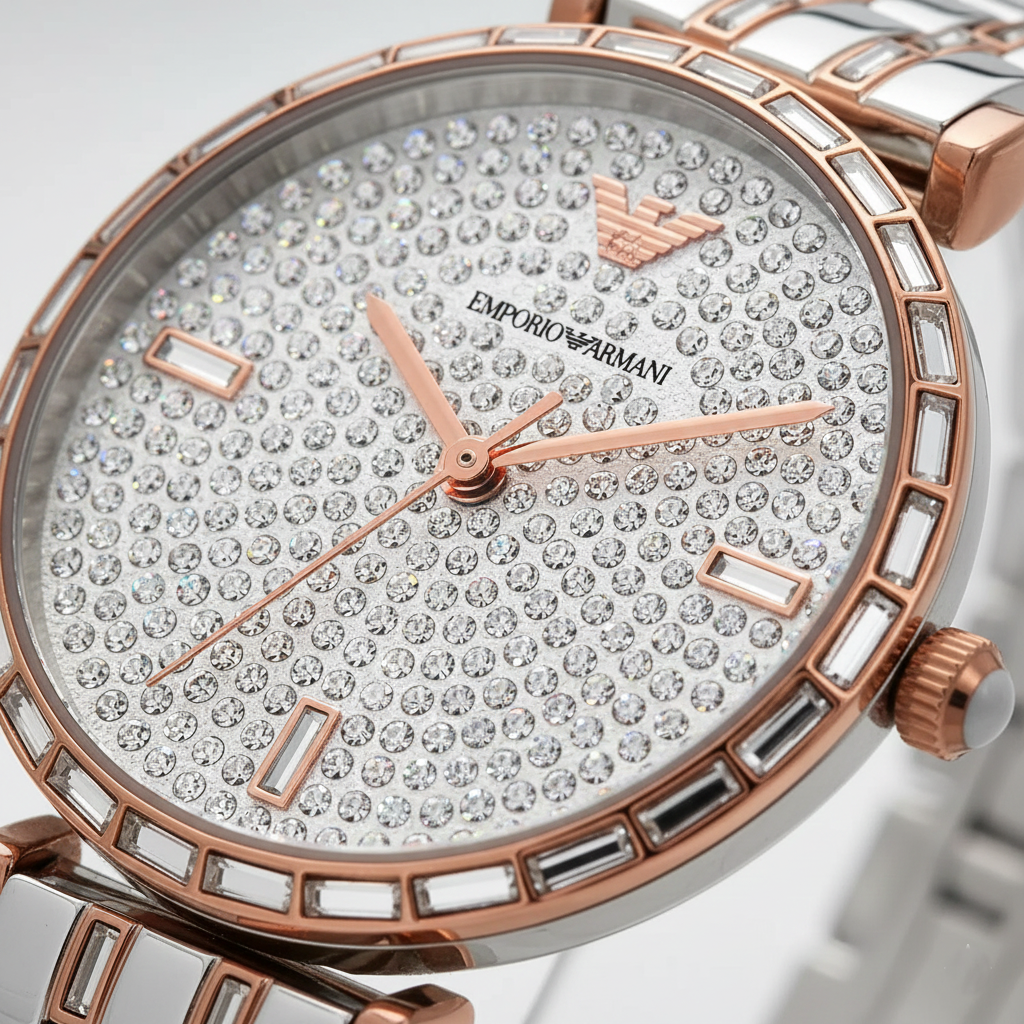 Emporio Armani Gianni T-Bar AR11293 32mm Women's Quartz Watch – Rose Gold Crystal-Set & Two-Tone Silver and Rose Gold Stainless Steel Bracelet