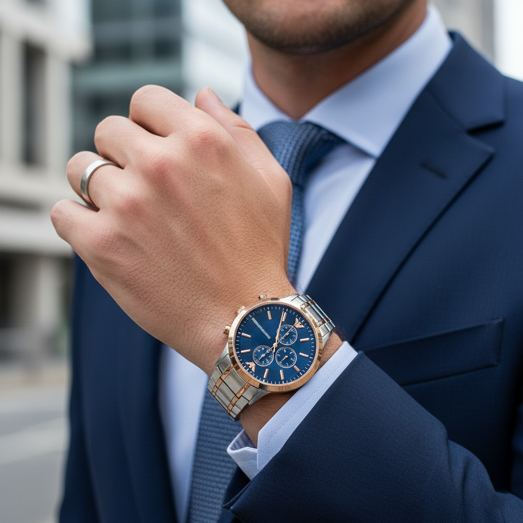 Emporio Armani Renato AR80025 43mm Men's Chronograph Watch – Blue Sunray & Rose Gold Stainless Steel Bracelet