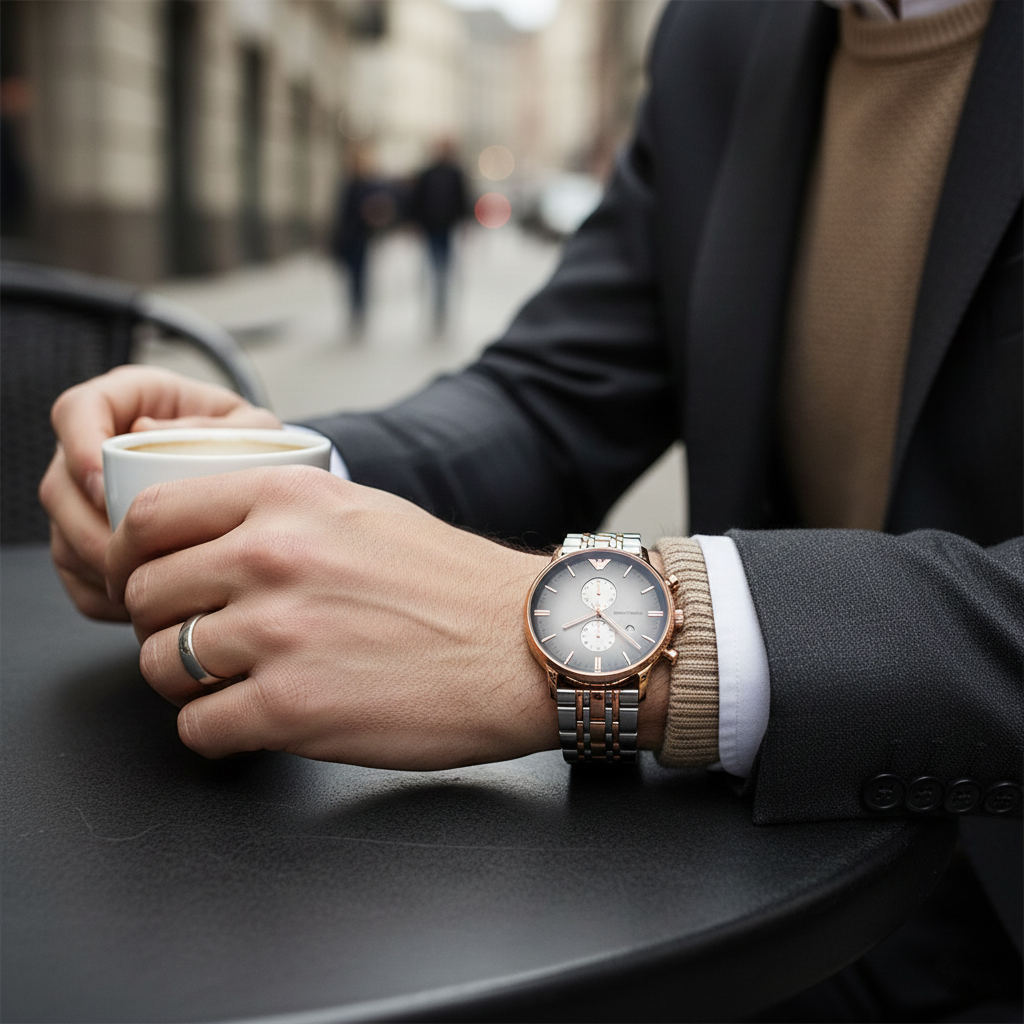 Emporio Armani Gianni AR1721 43mm Men's Chronograph Watch – Grey Sunray & Rose Gold Stainless Steel Bracelet