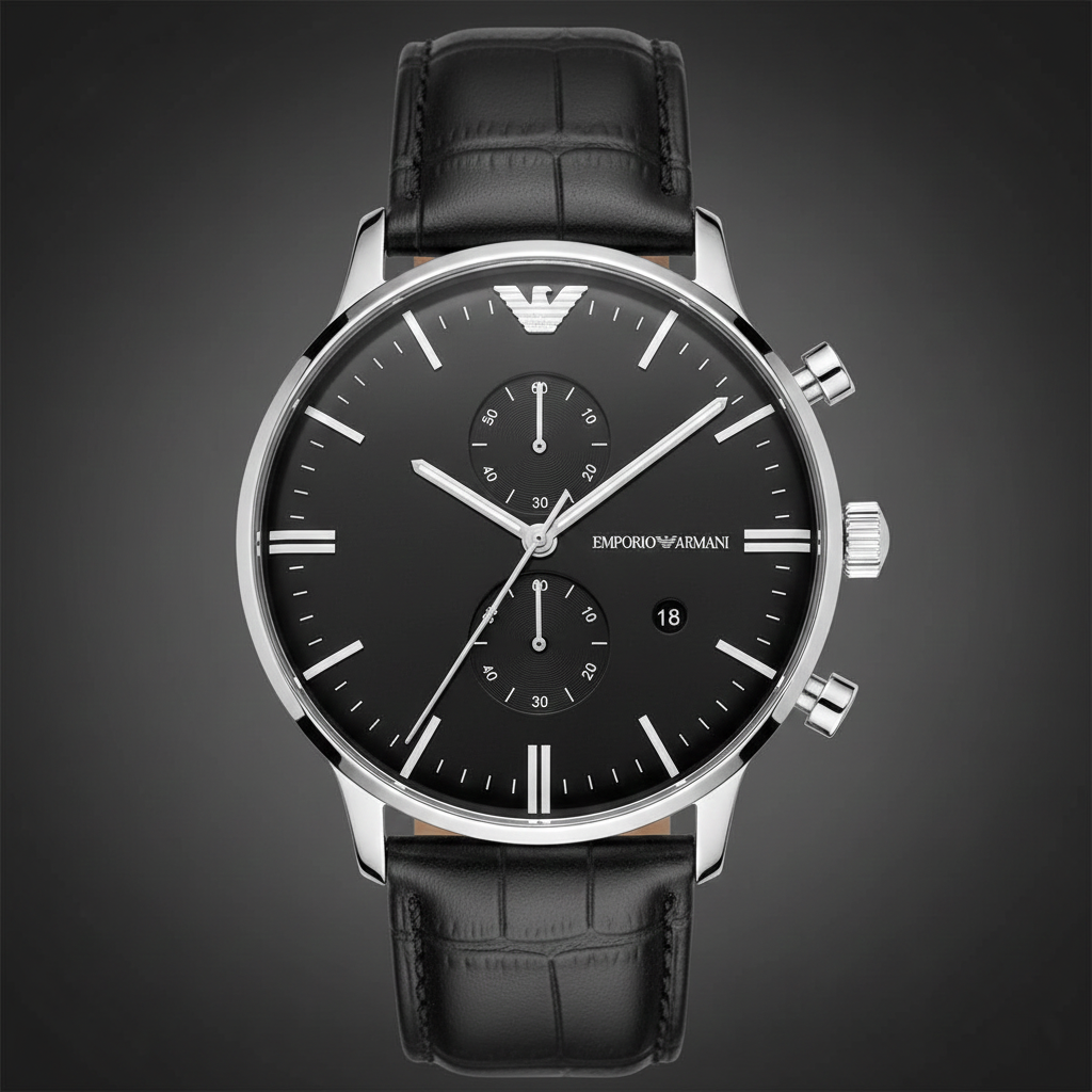 Emporio Armani Gianni AR0397 43mm Men's Chronograph Watch – Black & Black Genuine Leather Strap
