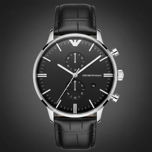 Emporio Armani Gianni AR0397 43mm Men's Chronograph Watch – Black & Black Genuine Leather Strap