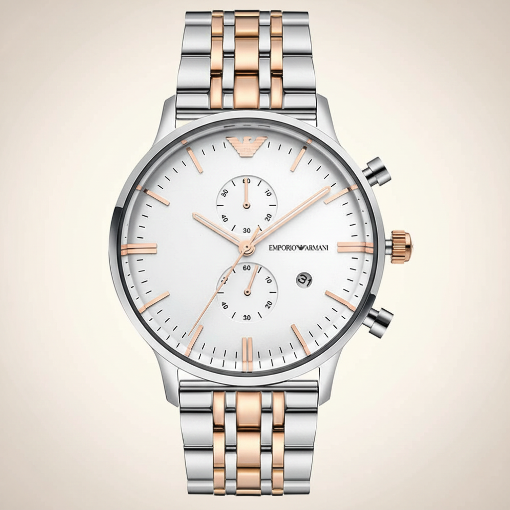 Emporio Armani Gianni AR0399 43mm Men's Chronograph Watch – Silver & Rose Gold Stainless Steel Bracelet