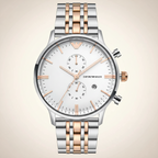 Emporio Armani Gianni AR0399 43mm Men's Chronograph Watch – Silver & Rose Gold Stainless Steel Bracelet