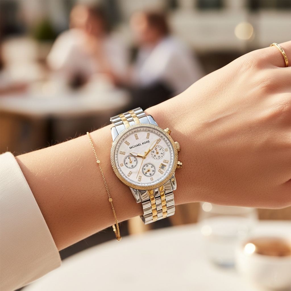 Michael Kors Ritz MK5057 38mm Women's Quartz Watch – Silver with Gold Stainless Steel Bracelet