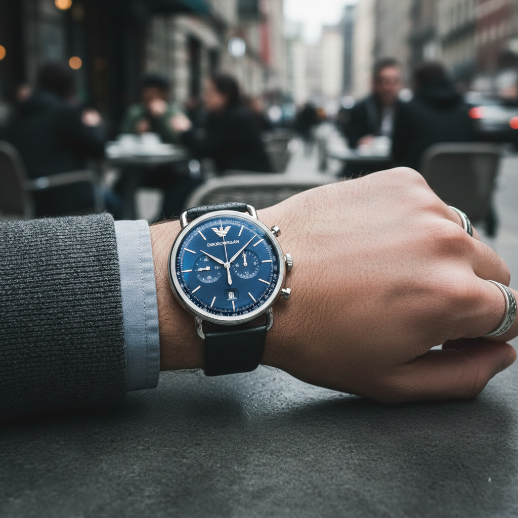 Emporio Armani Aviator AR11105 43mm Men's Chronograph Watch – Blue & Blue Genuine Leather Strap