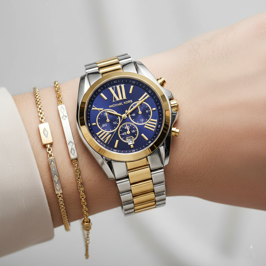 Michael Kors Bradshaw MK5976 43mm Women's Chronograph Watch – Navy Blue with Two-Tone Stainless Steel Bracelet