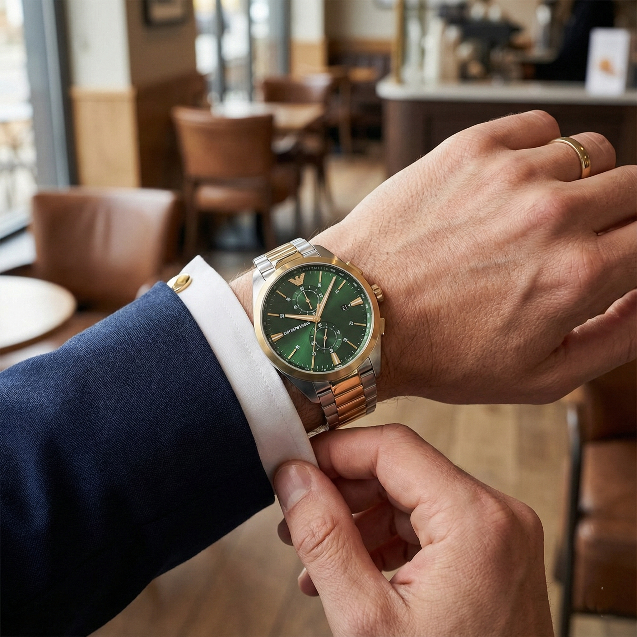 Emporio Armani Paolo AR11511 Men's Chronograph Watch – Green Sunray & Green Stainless Steel Bracelet