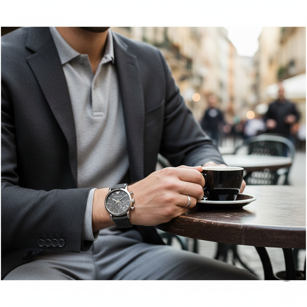 Emporio Armani Luigi AR1735 43mm Men's Chronograph Watch – Grey & Grey Genuine Leather Strap