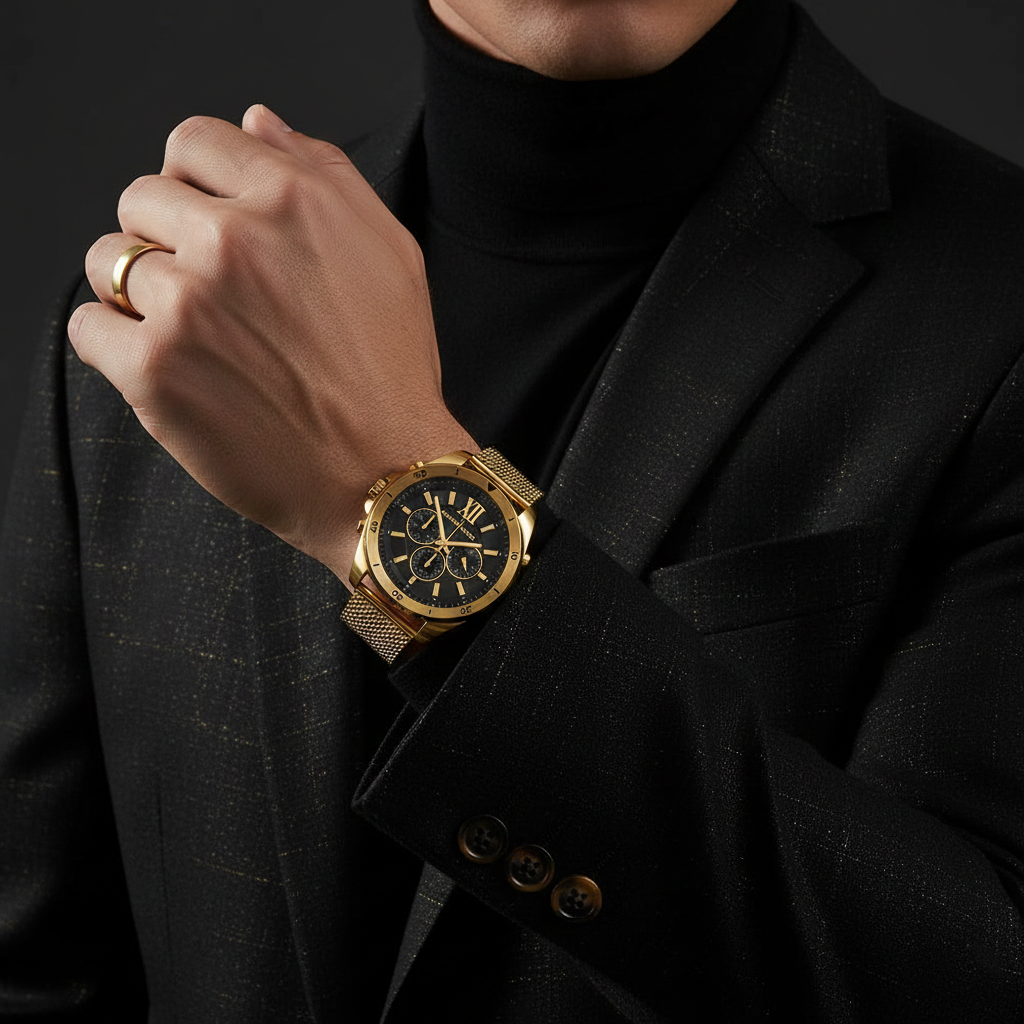 Michael Kors Brecken MK8867 45mm Men's Chronograph Watch – Black & Gold Stainless Steel Mesh Bracelet