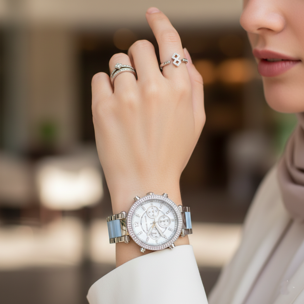 Michael Kors Parker MK6138 39mm Women's Chronograph Watch – Mother Of Pearl with Blue Acetate and Stainless Steel Bracelet