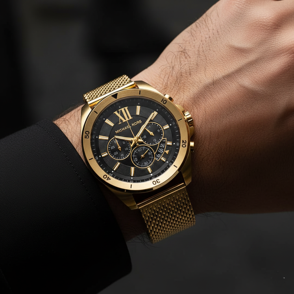 Michael Kors Brecken MK8867 45mm Men's Chronograph Watch – Black & Gold Stainless Steel Mesh Bracelet