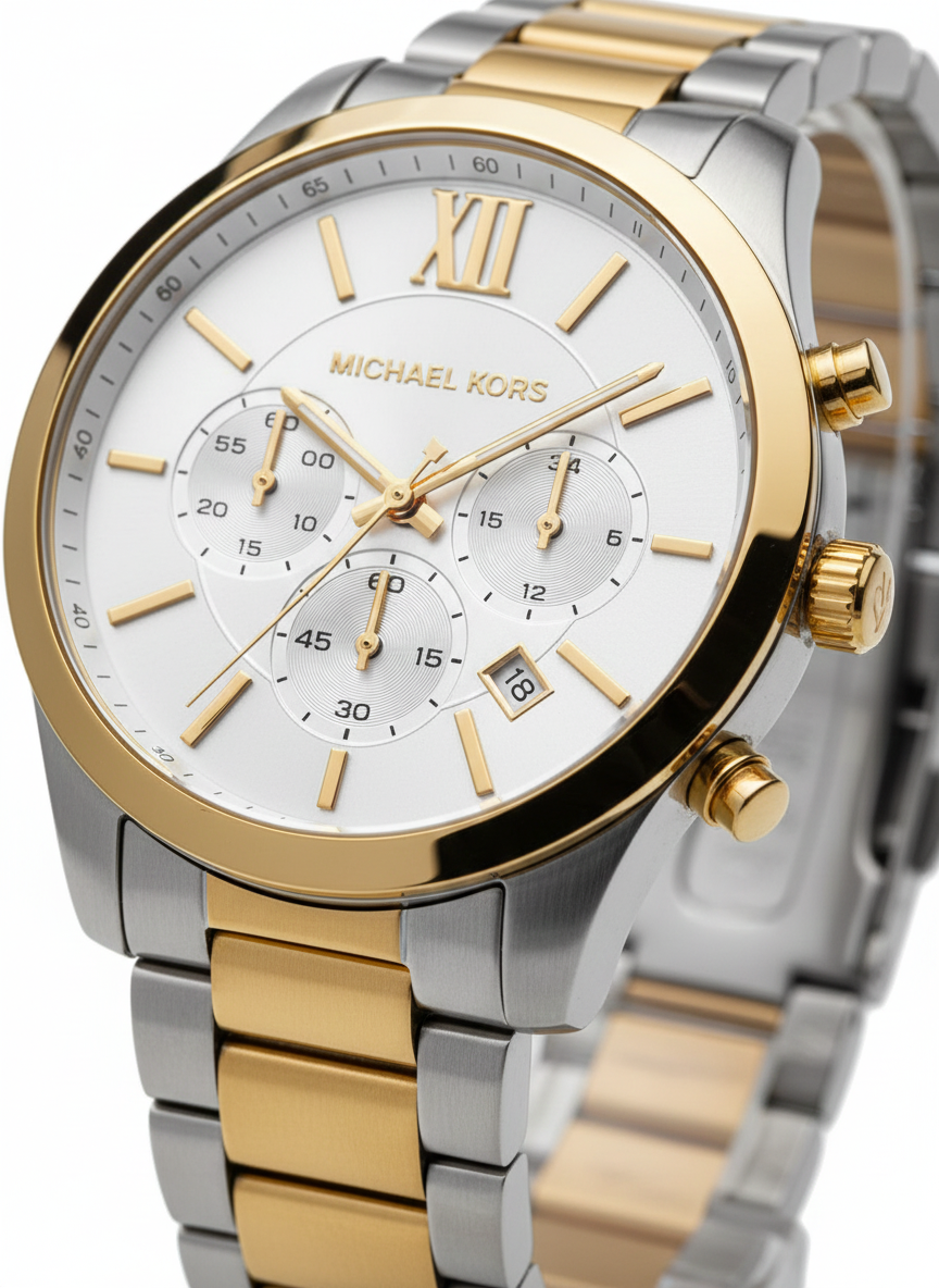 Michael Kors Billie MK9221 44mm Men's Chronograph Watch – White & Gold-Tone Stainless Steel Bracelet