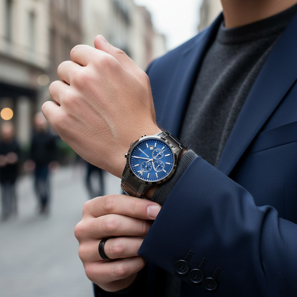Emporio Armani Renato AR11215 43mm Men's Chronograph Watch – Blue Sunray & Gunmetal Stainless Steel Bracelet