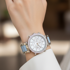 Michael Kors Parker MK6138 39mm Women's Chronograph Watch – Mother Of Pearl with Blue Acetate and Stainless Steel Bracelet