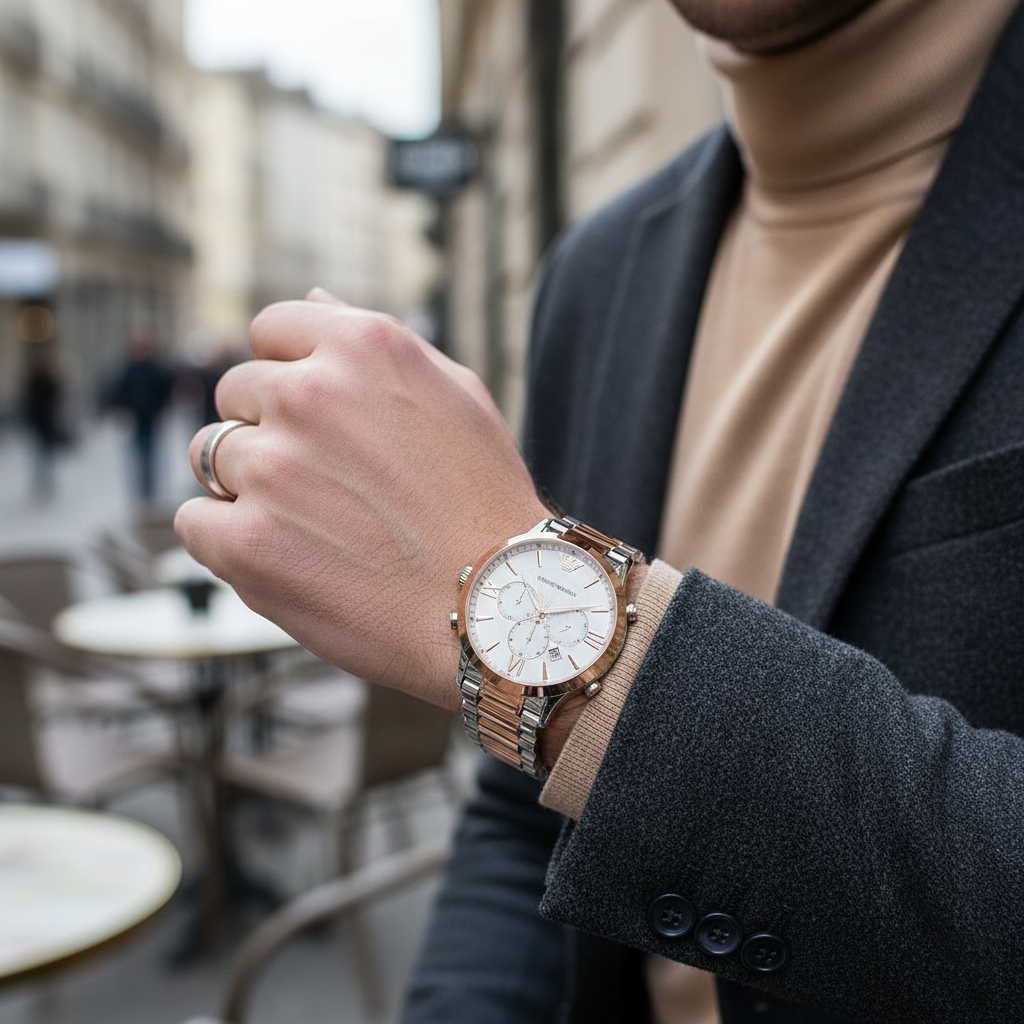Emporio Armani Giovanni AR11209 43mm Men's Chronograph Watch – White & Rose Gold Stainless Steel Bracelet