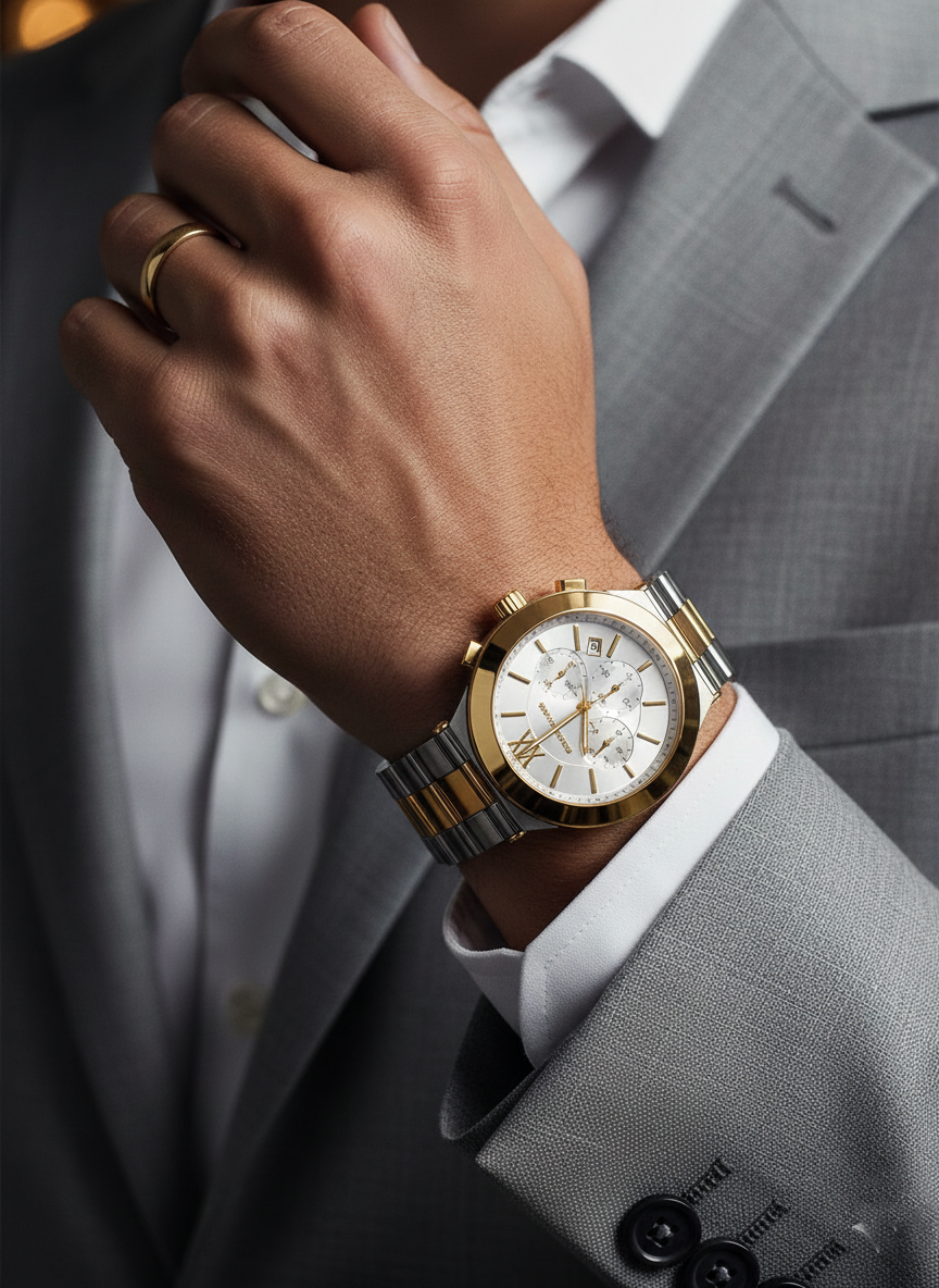 Michael Kors Billie MK9221 44mm Men's Chronograph Watch – White & Gold-Tone Stainless Steel Bracelet