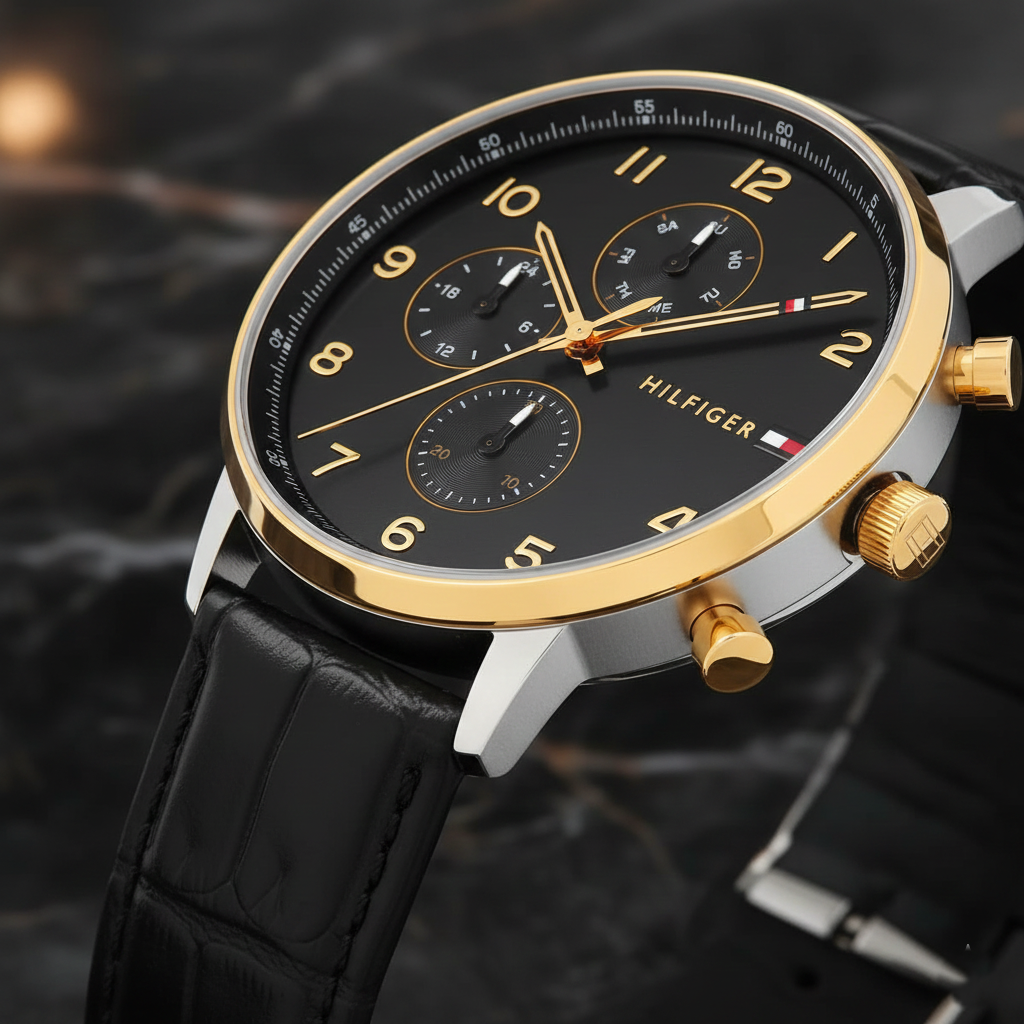 Tommy Hilfiger Leonard 1791986 44mm Men's Multi-Function Watch – Black & Black Genuine Leather Strap