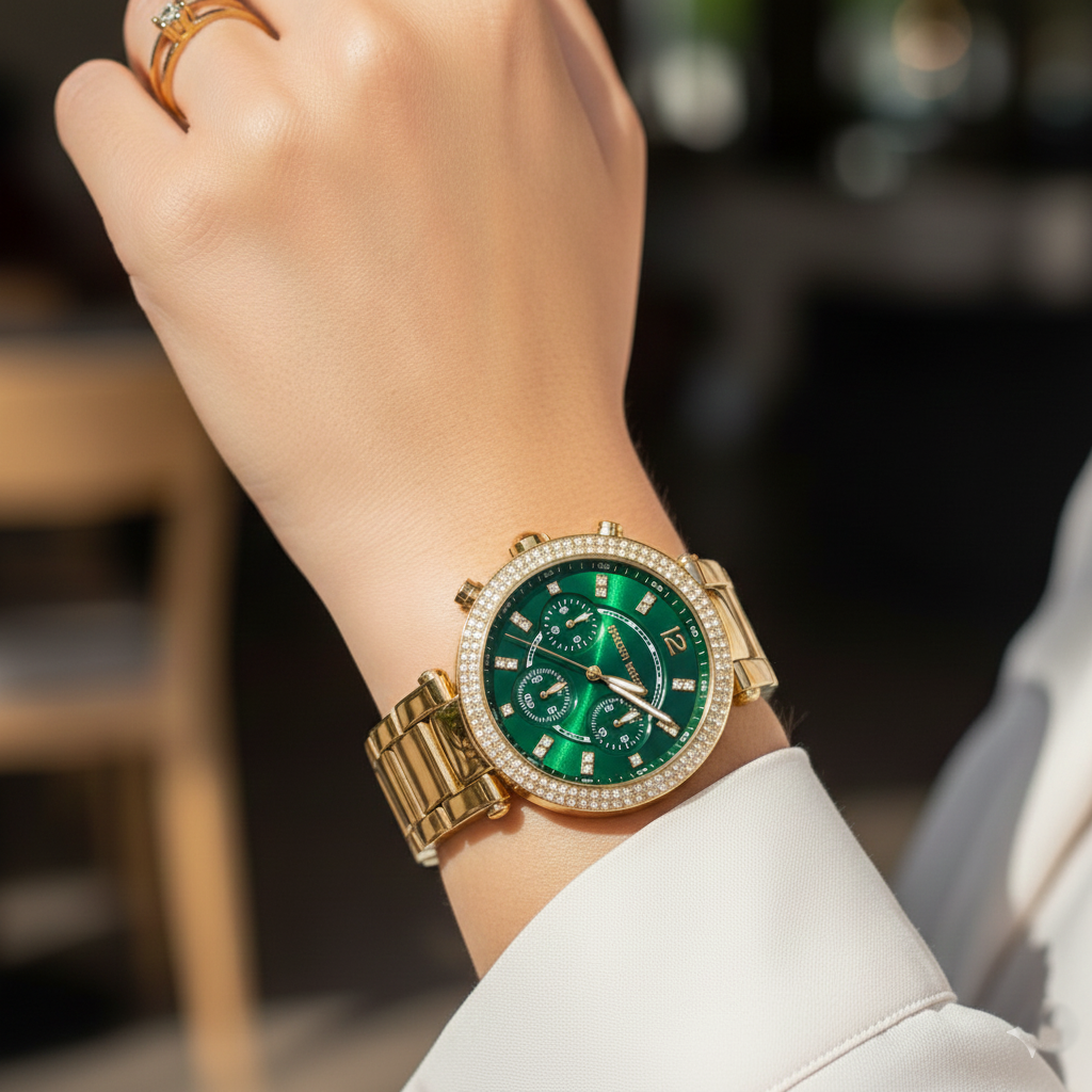 Michael Kors Parker MK6263 39mm Women's Chronograph Watch – Green with Gold Stainless Steel Bracelet