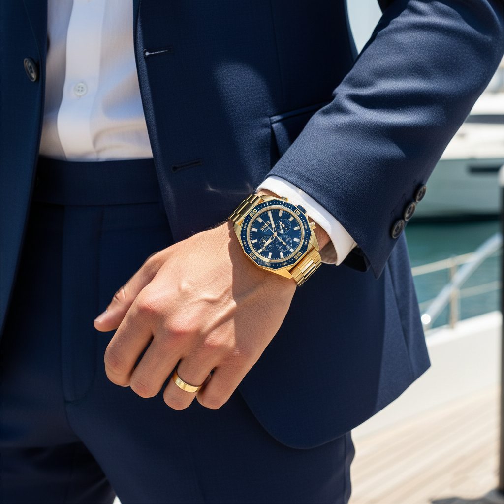 Hugo Boss Energy 1513973 44mm Men’s Chronograph Watch – Blue Dial & Gold-tone Link Bracelet