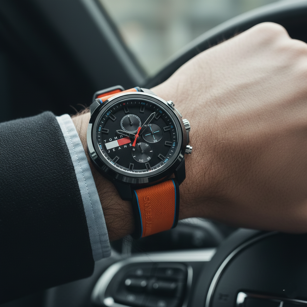 Tommy Hilfiger Jeans Sport 1710583 Men's Quartz Watch – Black & Orange Silicone Strap