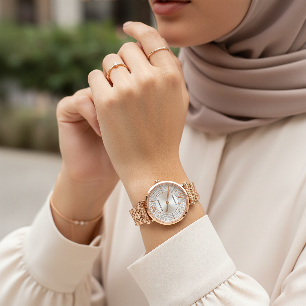 Emporio Armani Gianni T-Bar AR11446 32mm Women's Quartz Watch – Silver Crystal-Set & Rose Gold-Tone Stainless Steel Bracelet