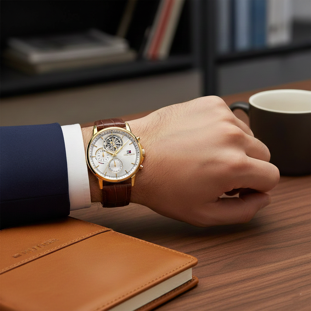 Tommy Hilfiger Signature 1710631 Men's Multi-Function Watch – Silver & Brown Genuine Leather Strap