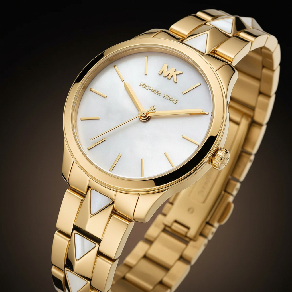 Michael Kors Runway MK6689 38mm Women's Quartz Watch – Mother-of-Pearl Gold with Gold Stainless Steel Bracelet