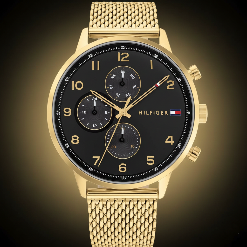 Tommy Hilfiger Leonard 1791989 44mm Men's Multi-Function Watch – Gold & Gold Stainless Steel Mesh Bracelet