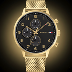 Tommy Hilfiger Leonard 1791989 44mm Men's Multi-Function Watch – Gold & Gold Stainless Steel Mesh Bracelet