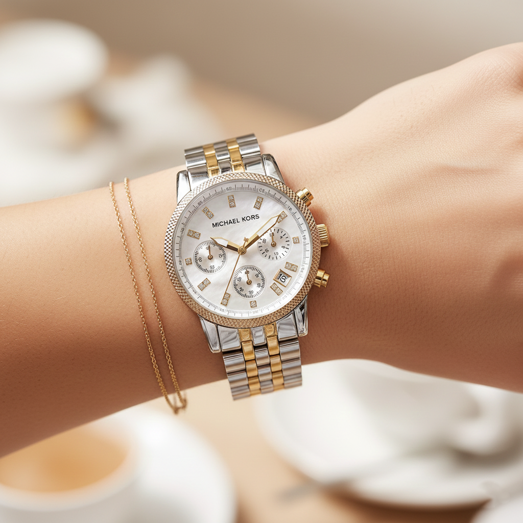 Michael Kors Ritz MK5057 38mm Women's Quartz Watch – Silver with Gold Stainless Steel Bracelet