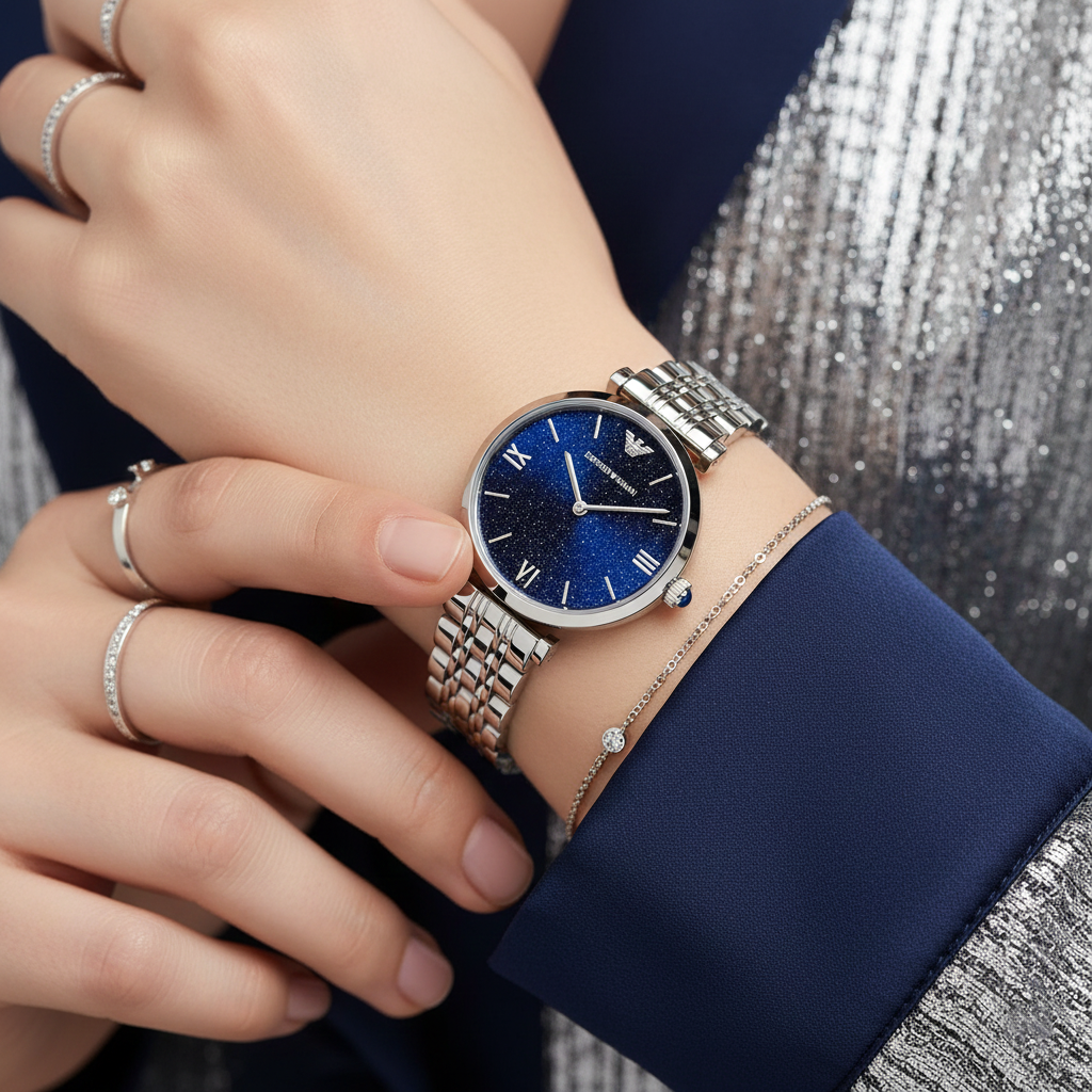 Emporio Armani Gianni T-Bar AR11091 32mm Women's Quartz Watch – Blue & Silver-Tone Stainless Steel Bracelet