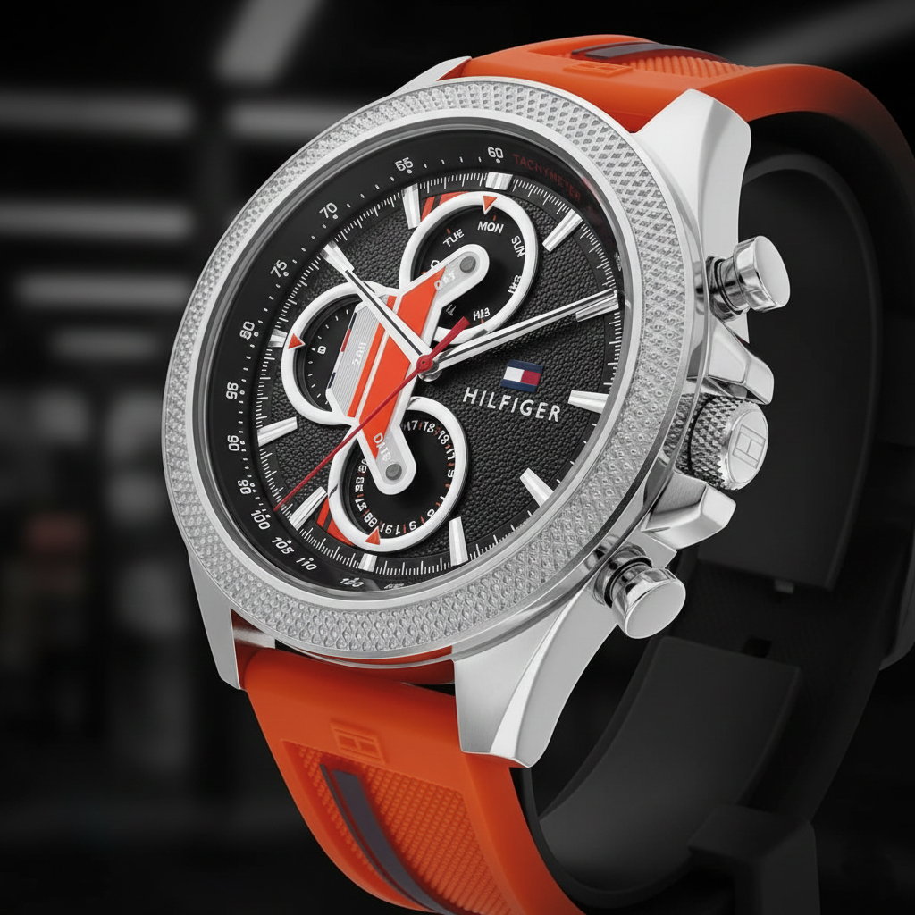 Tommy Hilfiger Signature 1792084 46mm Men's Chronograph Watch – Black & Orange Silicone Strap