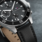 Tommy Hilfiger Larson 1791984 46mm Men's Multi-Function Watch – Black & Black Genuine Leather Strap
