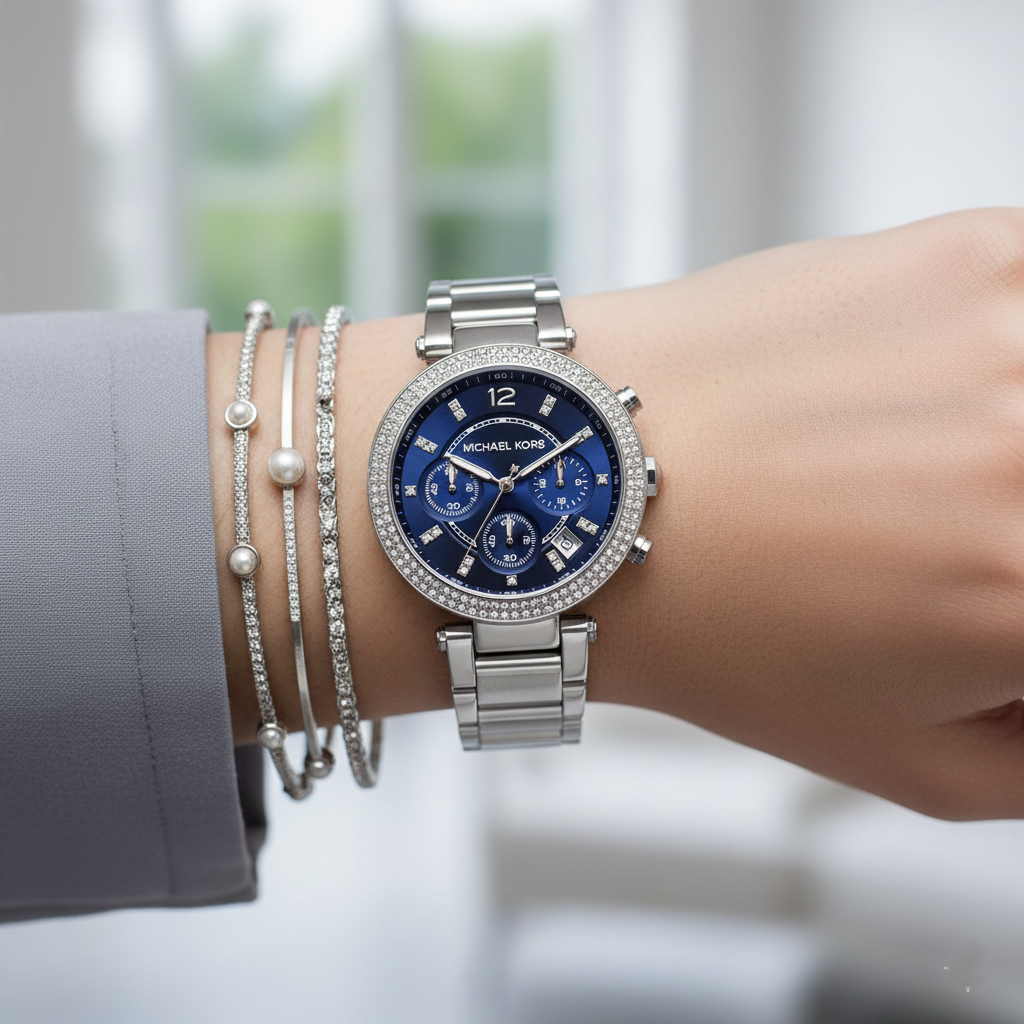 Michael Kors Parker MK6117 39mm Women's Chronograph Watch – Blue with Silver Stainless Steel Bracelet