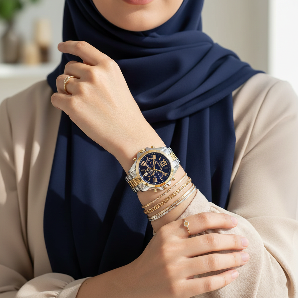 Michael Kors Bradshaw MK5976 43mm Women's Chronograph Watch – Navy Blue with Two-Tone Stainless Steel Bracelet