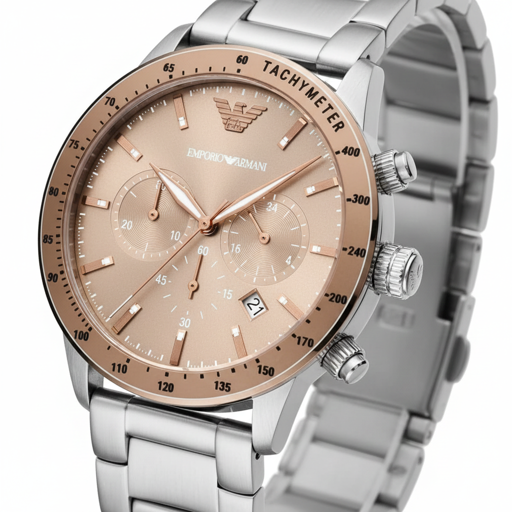 Emporio Armani Mario AR11352 43mm Men's Chronograph Watch – Champagne Sunray & Rose Gold Stainless Steel Bracelet