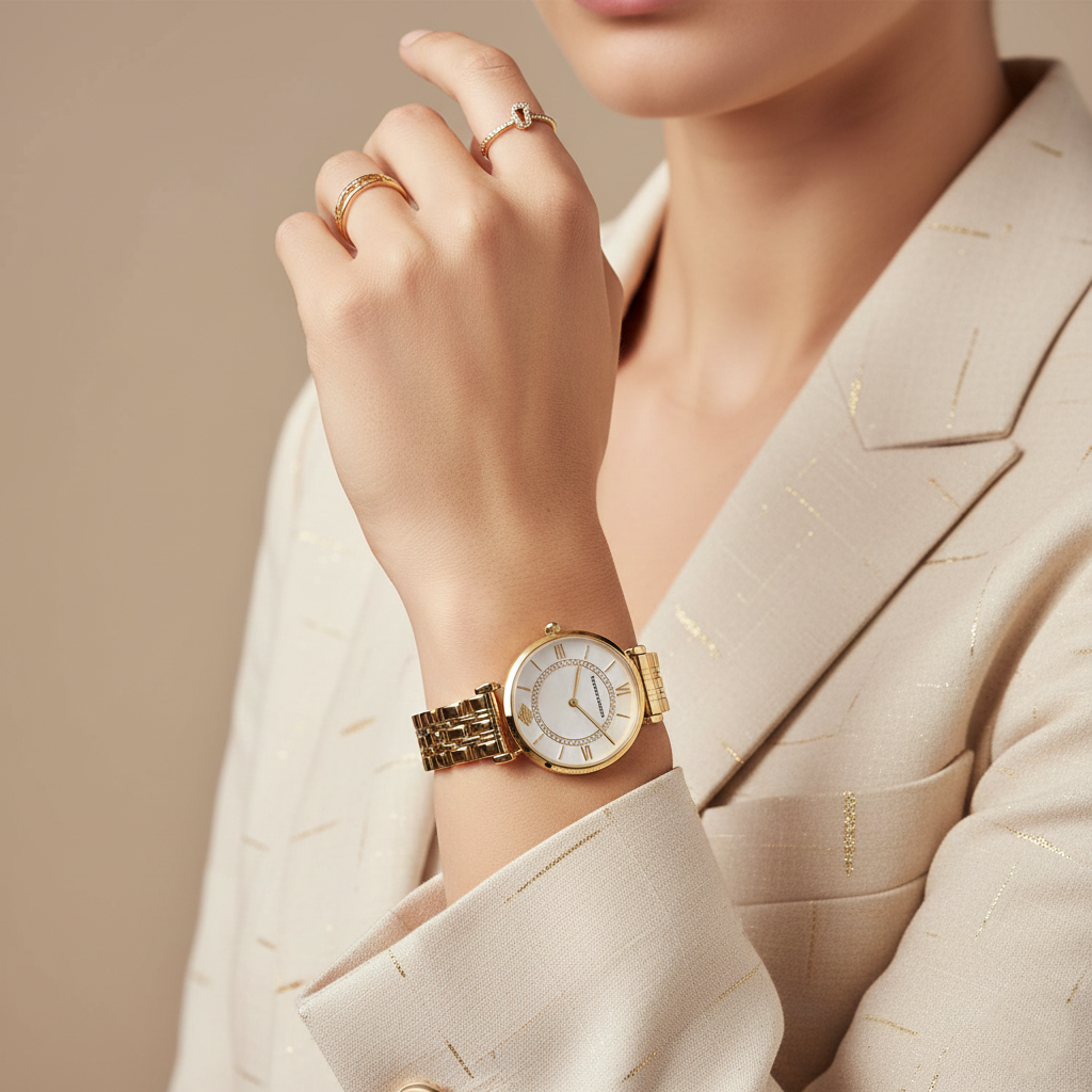 Emporio Armani Gianni T-Bar AR1907 32mm Women's Quartz Watch – Mother-of-Pearl & Gold-Tone Stainless Steel Bracelet