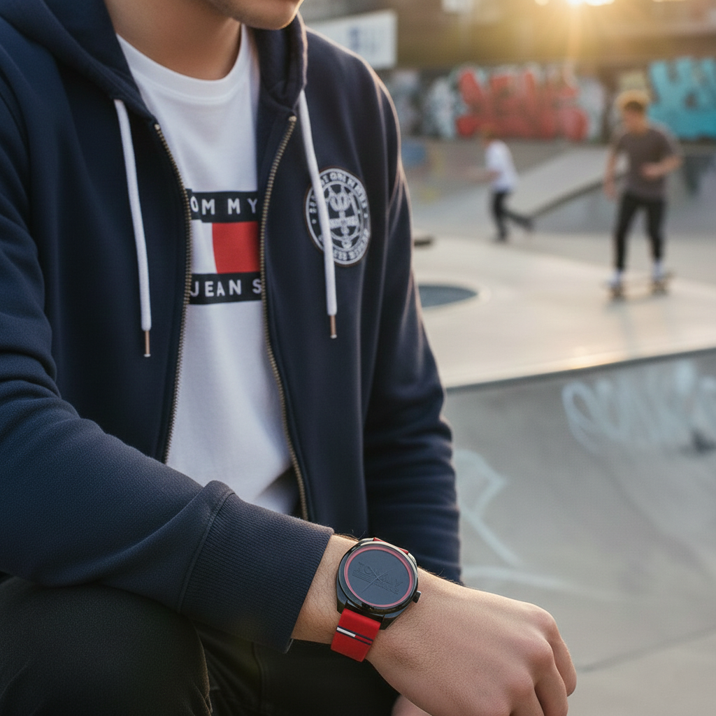 Tommy Hilfiger San Diego 1791929 44mm Men's Quartz Watch – Black & Red Silicone Strap