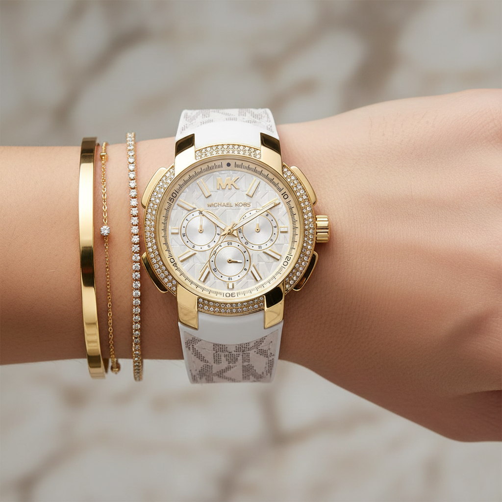 Michael Kors Sidney MK7221 38mm Women's Quartz Watch – White with White Stainless Steel Bracelet
