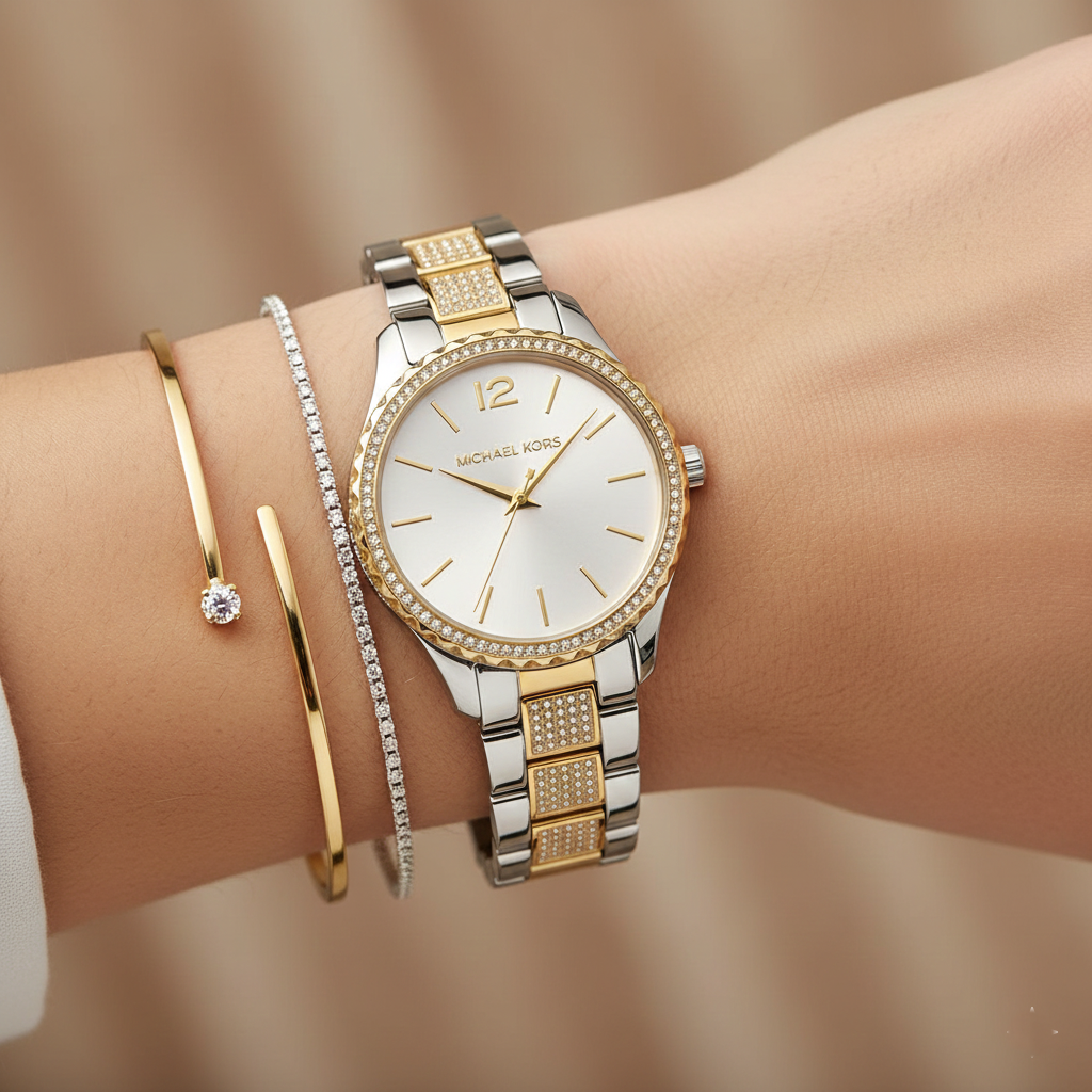 Michael Kors Layton MK6899 38mm Women's Quartz Watch – Sunray Silver with Two-Tone Stainless Steel Bracelet