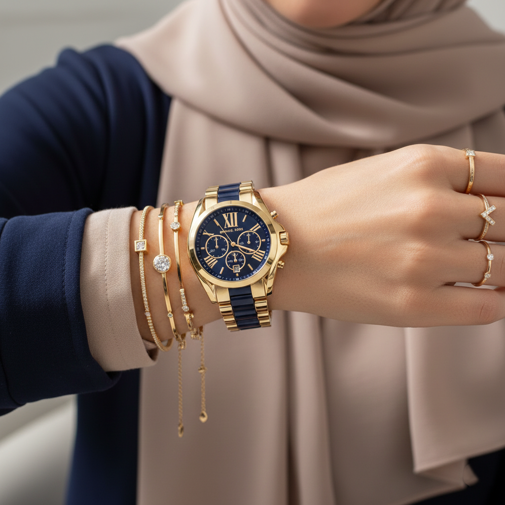 Michael Kors Bradshaw MK6268 43mm Women's Chronograph Watch – Navy Blue with Two-Tone Stainless Steel Bracelet